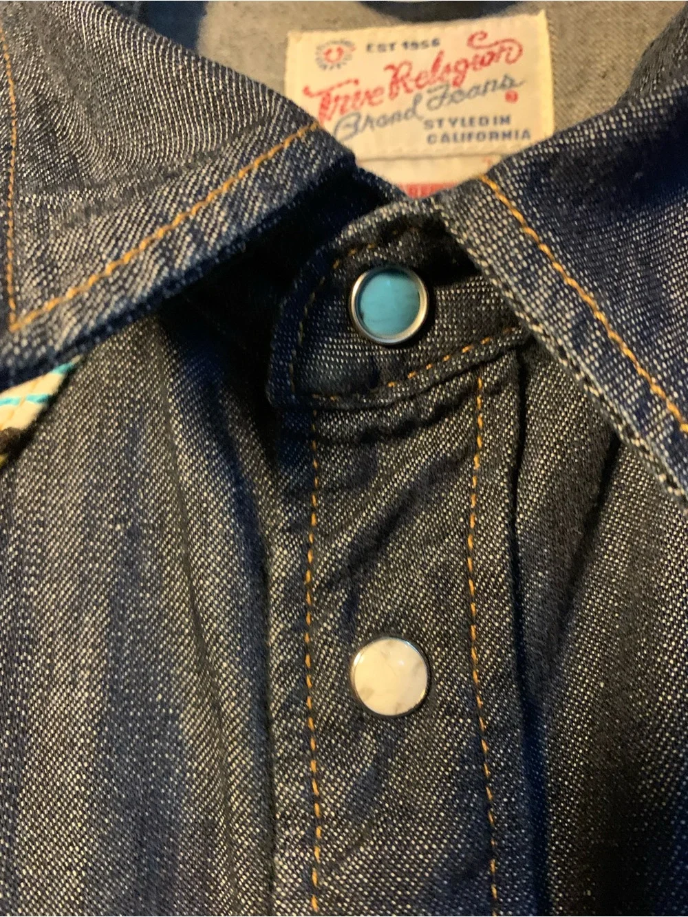 True Religion Denim Pearl/Turquoise Snap Western Shirt with Serape Yoke